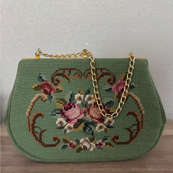 Handbags - Vintage 1960s Fabric Needlepoint Floral Green Chain Bag